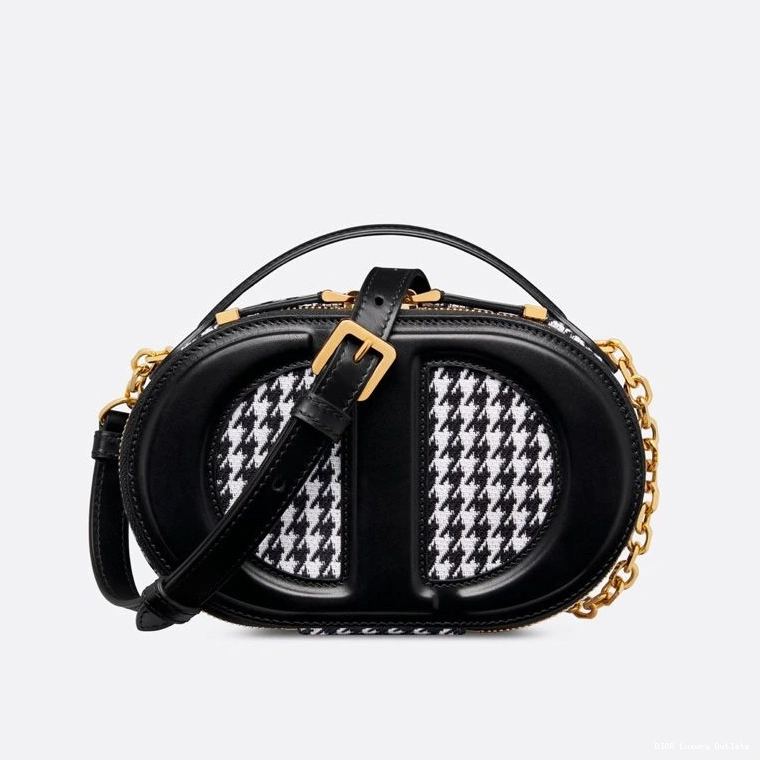 Black Dior CD Camera Cotton Signature Oval Motif Houndstooth Bag 0714 Luxury